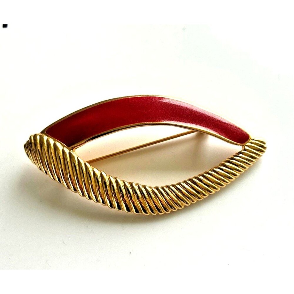 Vintage 1980s Monet Red Enamel Gold Tone Brooch Pin Signed Fashion Jewelry